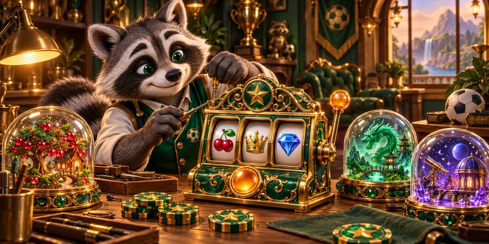 The captain builds a sculpted reel cabinet surrounded by fictional chips and imagined game worlds.