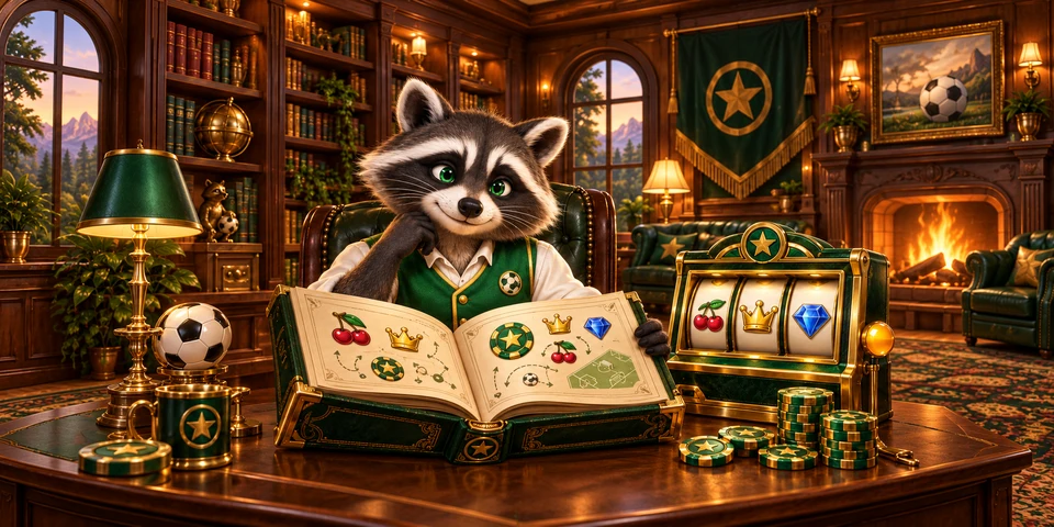 The captain reads an illustrated playbook beside a reel game and fictional chip stacks.
