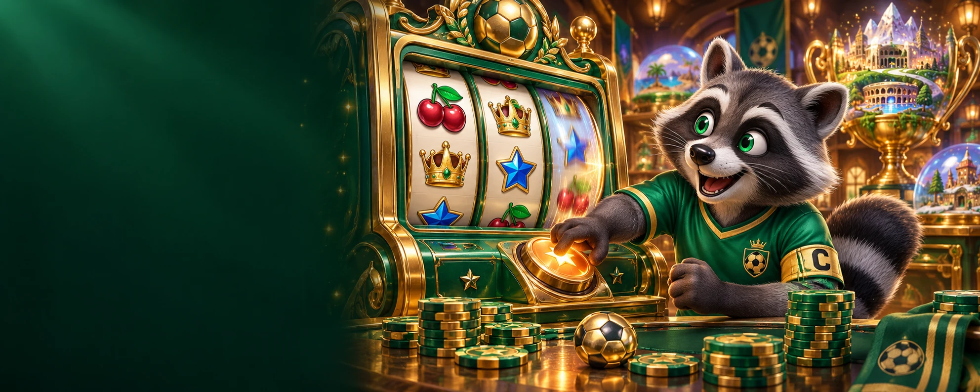 Our captain presses Spin on a sculpted reel game beside stacks of fictional play chips and miniature game worlds.